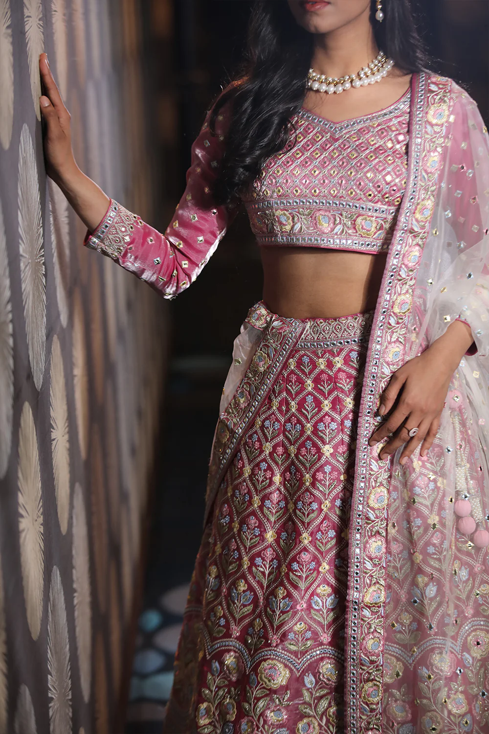 Fuchsia Pink Organza Embroidery Unstitched Lehenga - Image 6