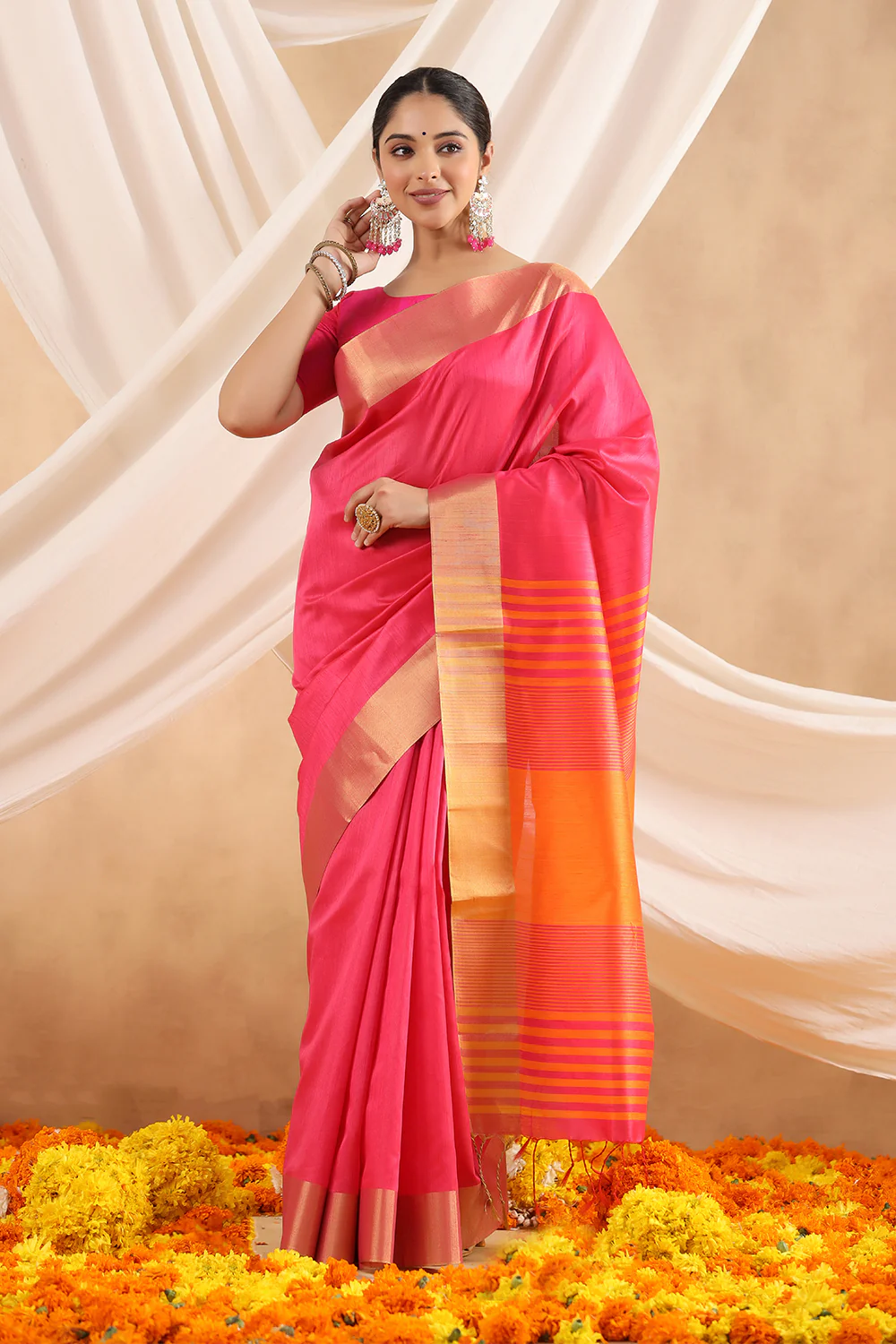 Fuchsia Pink Colour Silk Woven Saree