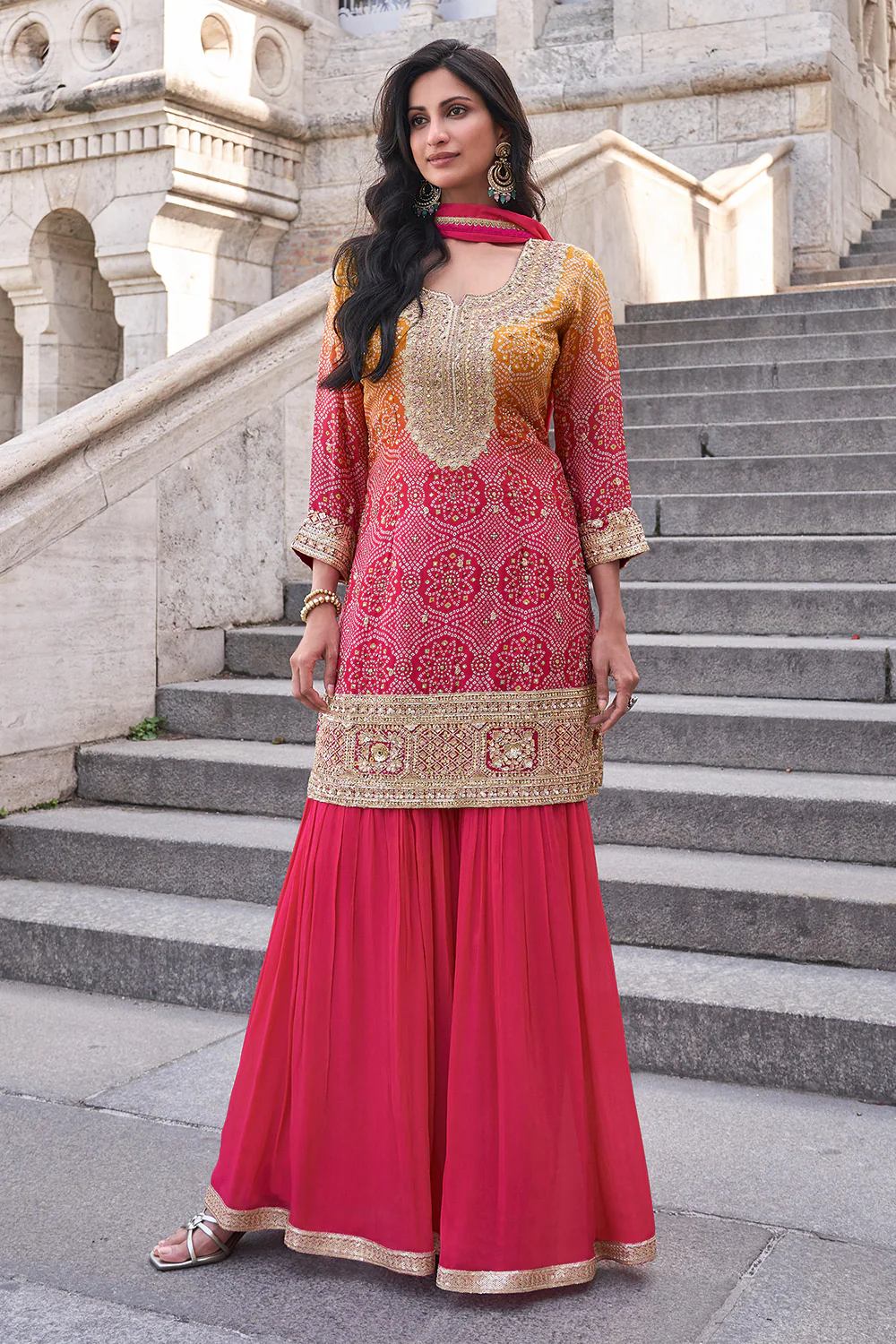Fuchsia Pink Crepe Silk Bandhani Printed And Embroidered Suit With Sharara