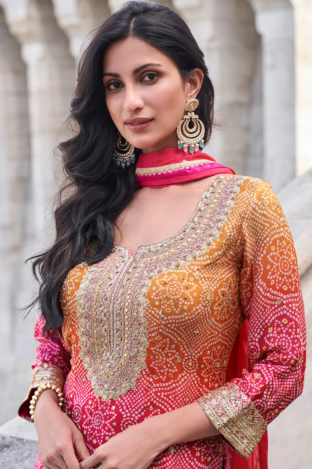 Fuchsia Pink Crepe Silk Bandhani Printed And Embroidered Suit With Sharara - Image 2