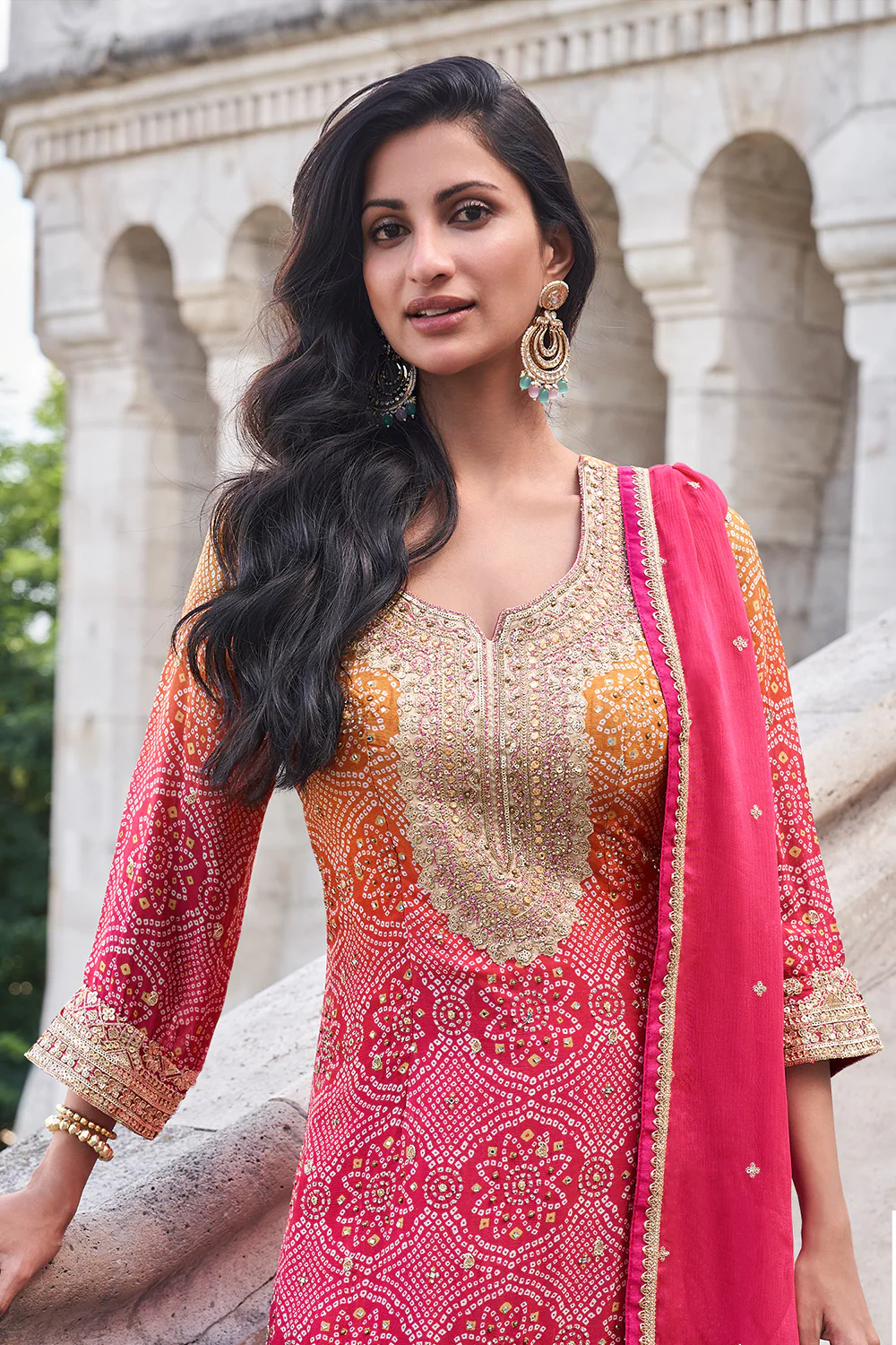 Fuchsia Pink Crepe Silk Bandhani Printed And Embroidered Suit With Sharara - Image 3