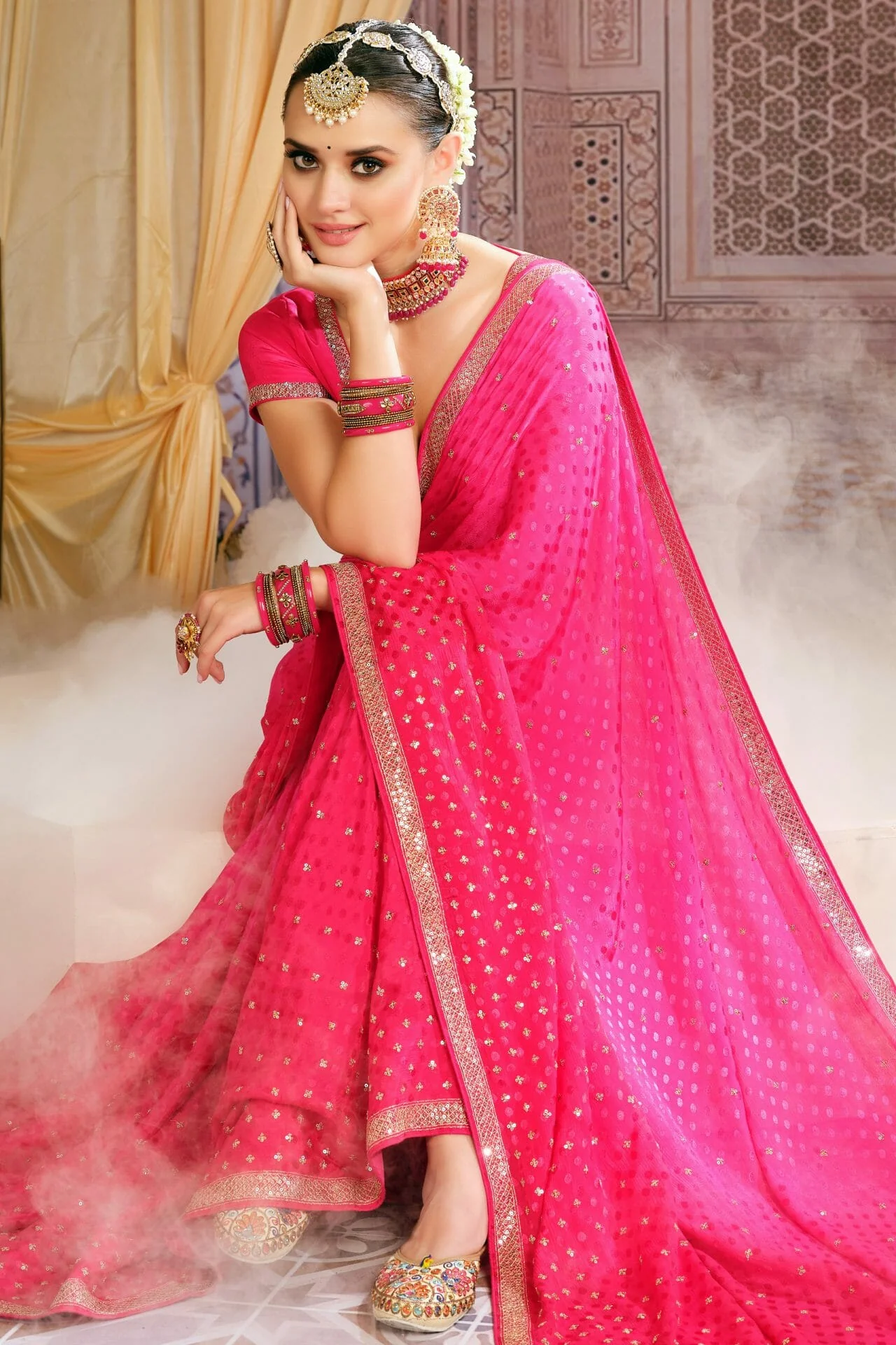Fuchsia Pink Shaded Georgette Saree. - Image 2