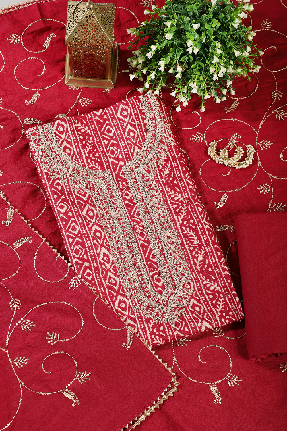 Fuchsia Red Cotton Digital Printed & Neck Embroidered Unstitched Suit - Image 2