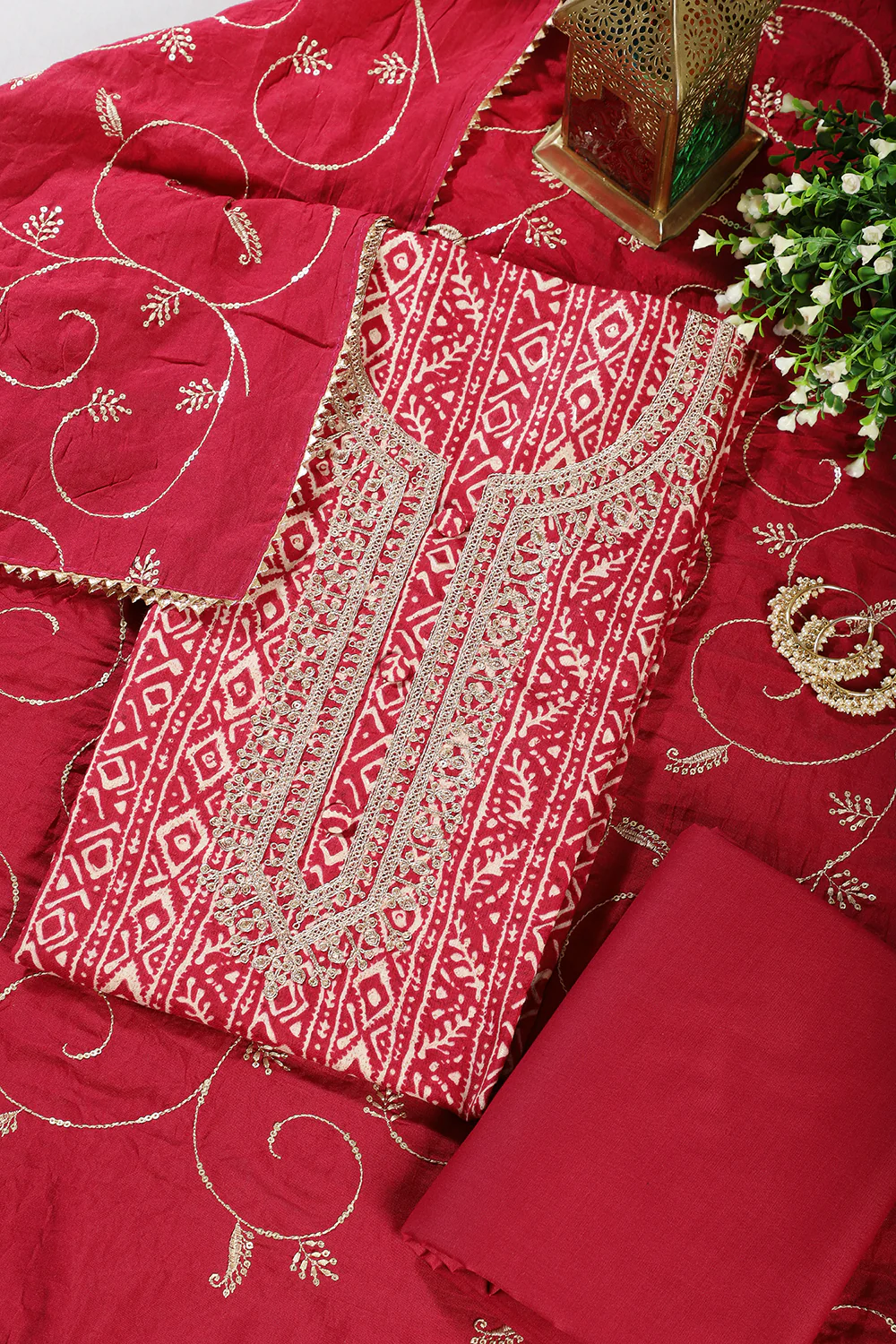 Fuchsia Red Cotton Digital Printed & Neck Embroidered Unstitched Suit - Image 3