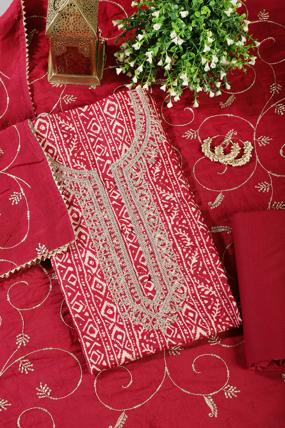 Fuchsia Red Cotton Digital Printed & Neck Embroidered Unstitched Suit - Image 4
