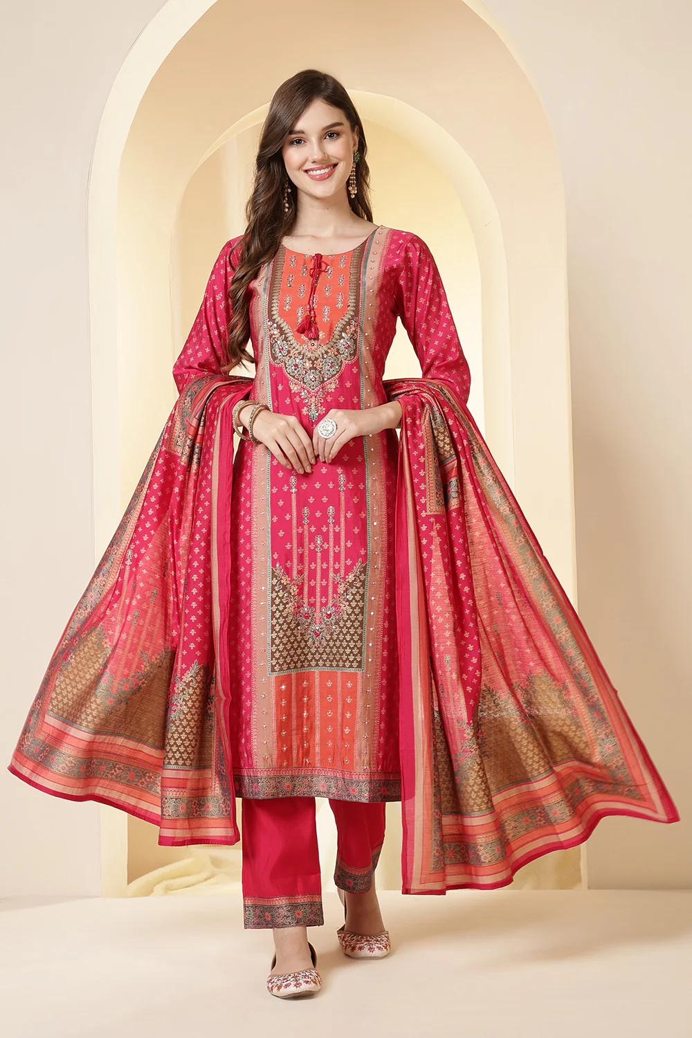 Fushia Pink Color Printed Silk Embroidered Suit Set - Image 2