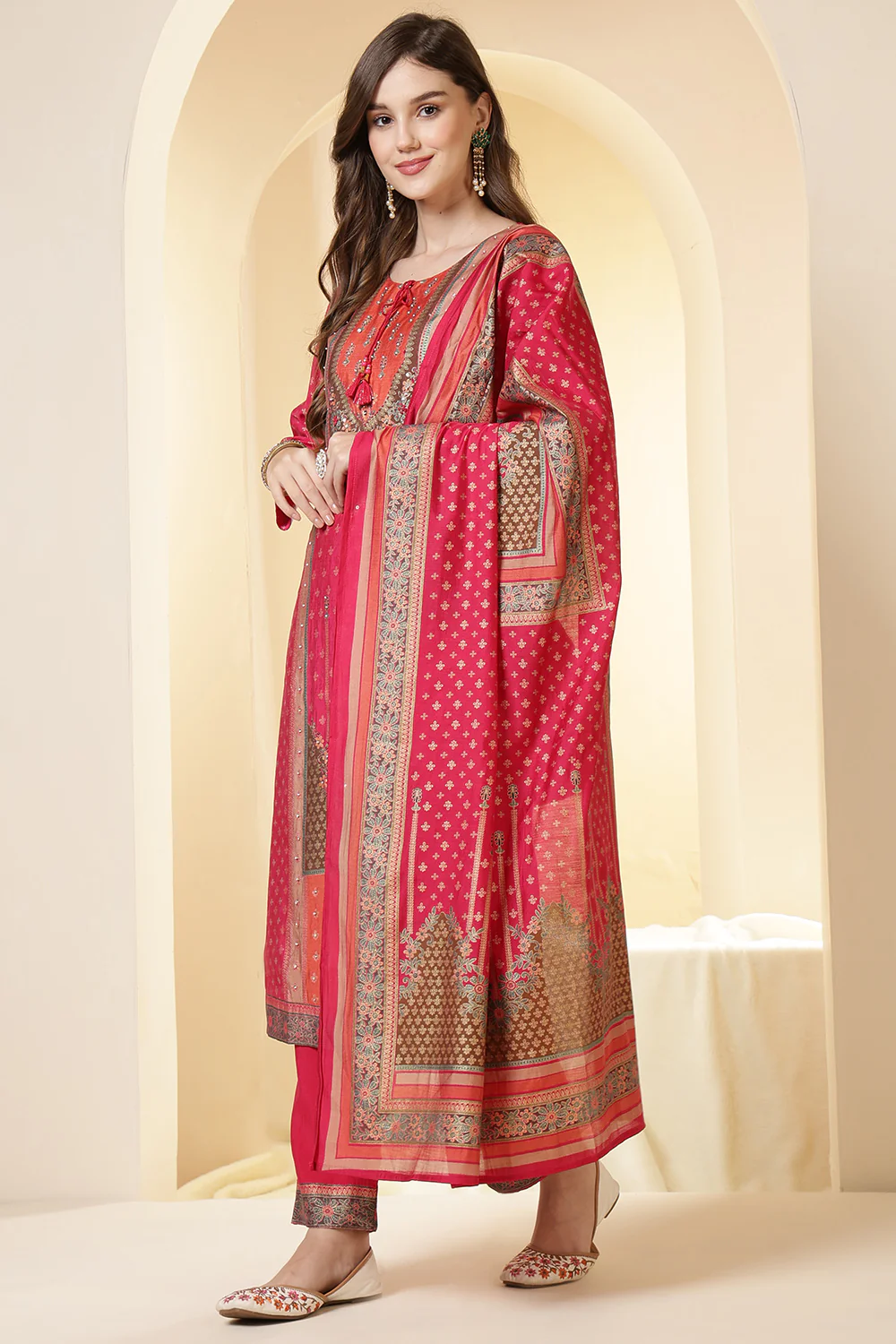 Fushia Pink Color Printed Silk Embroidered Suit Set - Image 3