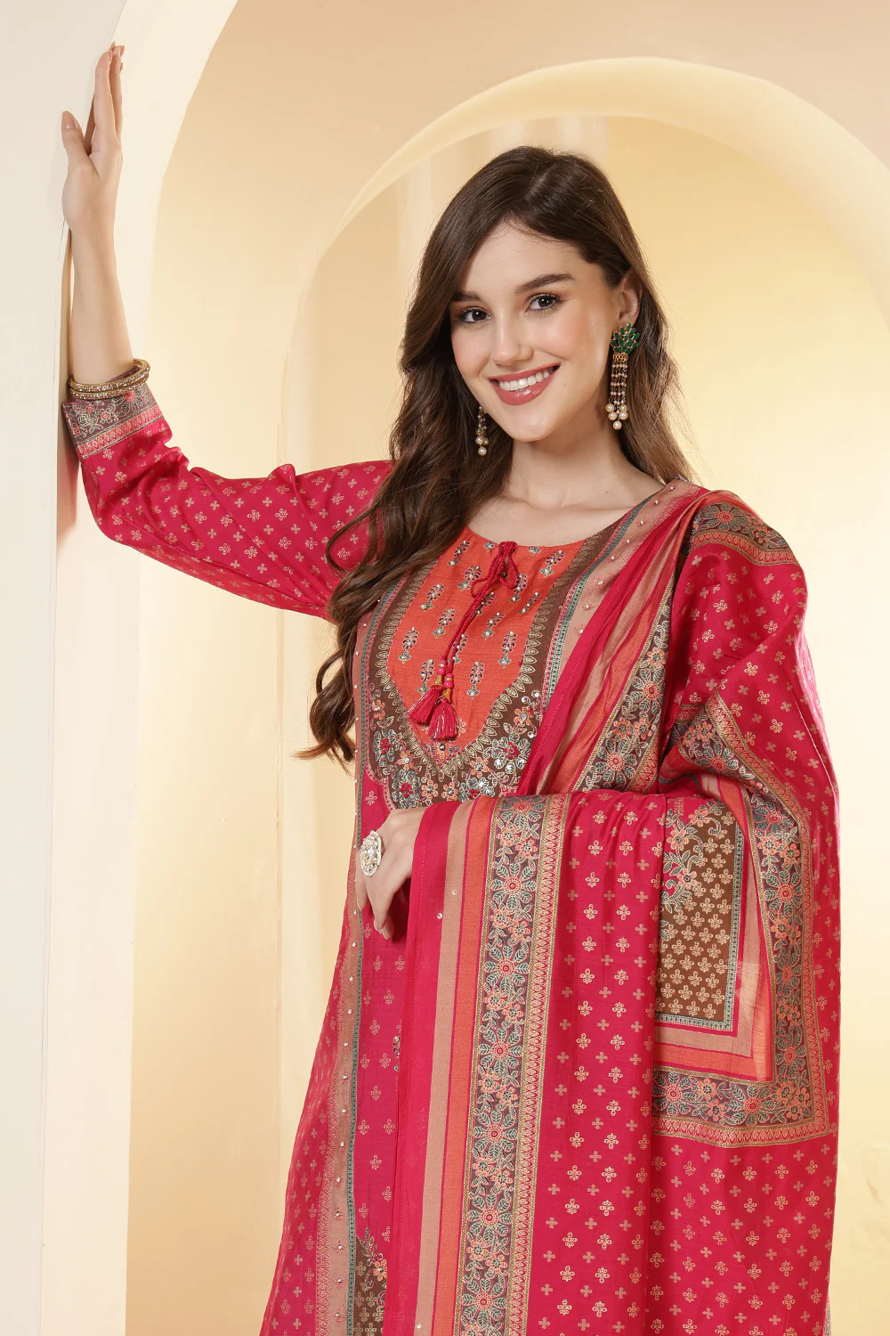Fushia Pink Color Printed Silk Embroidered Suit Set - Image 6