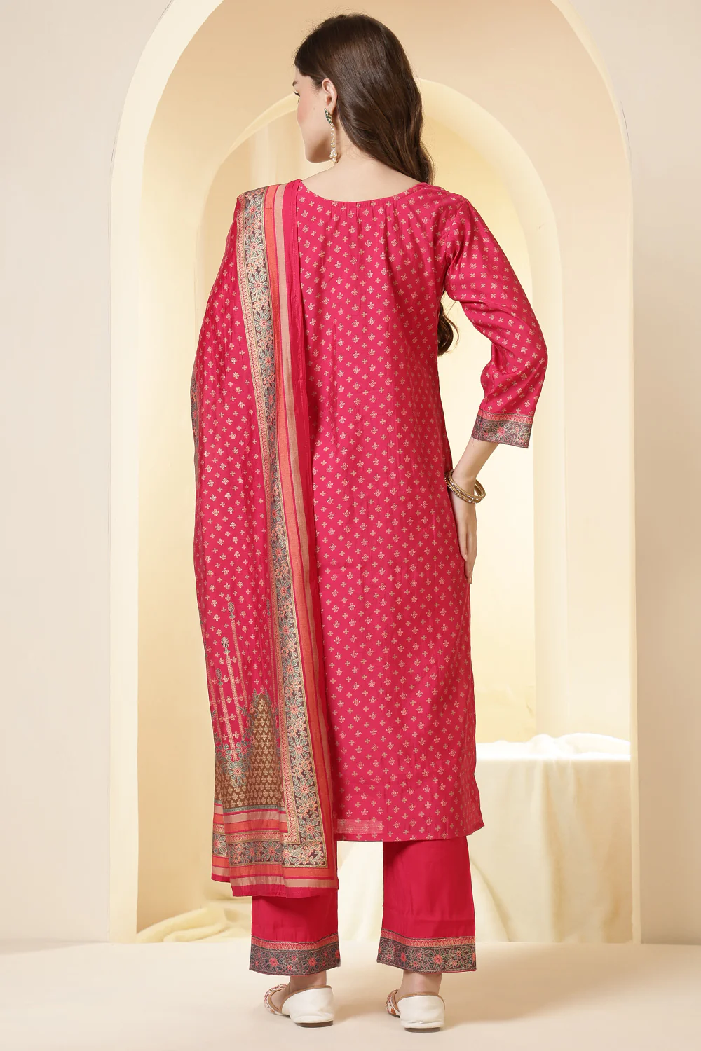 Fushia Pink Color Printed Silk Embroidered Suit Set - Image 7