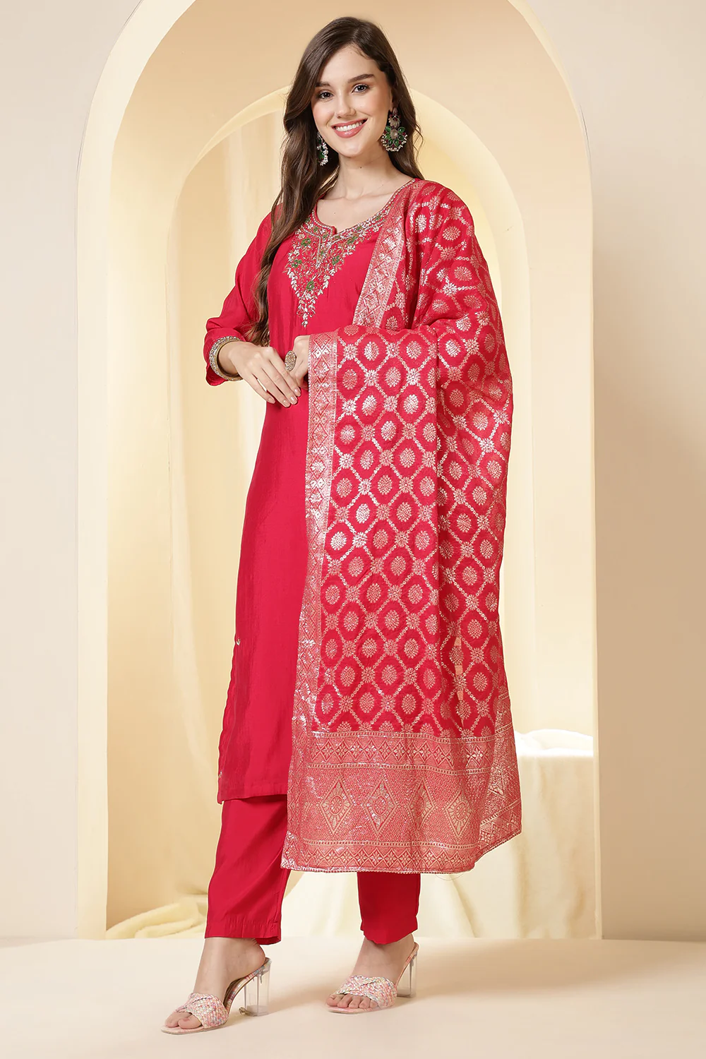 Fushia Pink Color Silk Neck Embroidered Suit Set - Image 2