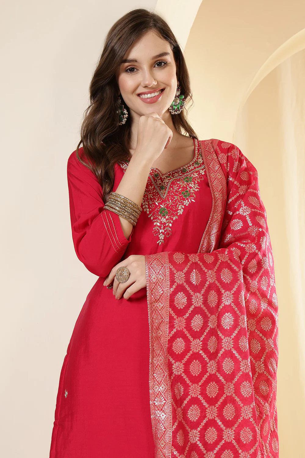 Fushia Pink Color Silk Neck Embroidered Suit Set - Image 3