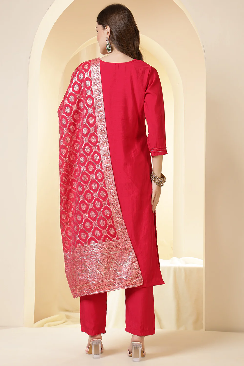 Fushia Pink Color Silk Neck Embroidered Suit Set - Image 4