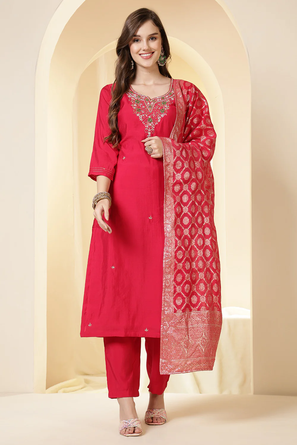 Fushia Pink Color Silk Neck Embroidered Suit Set - Image 6
