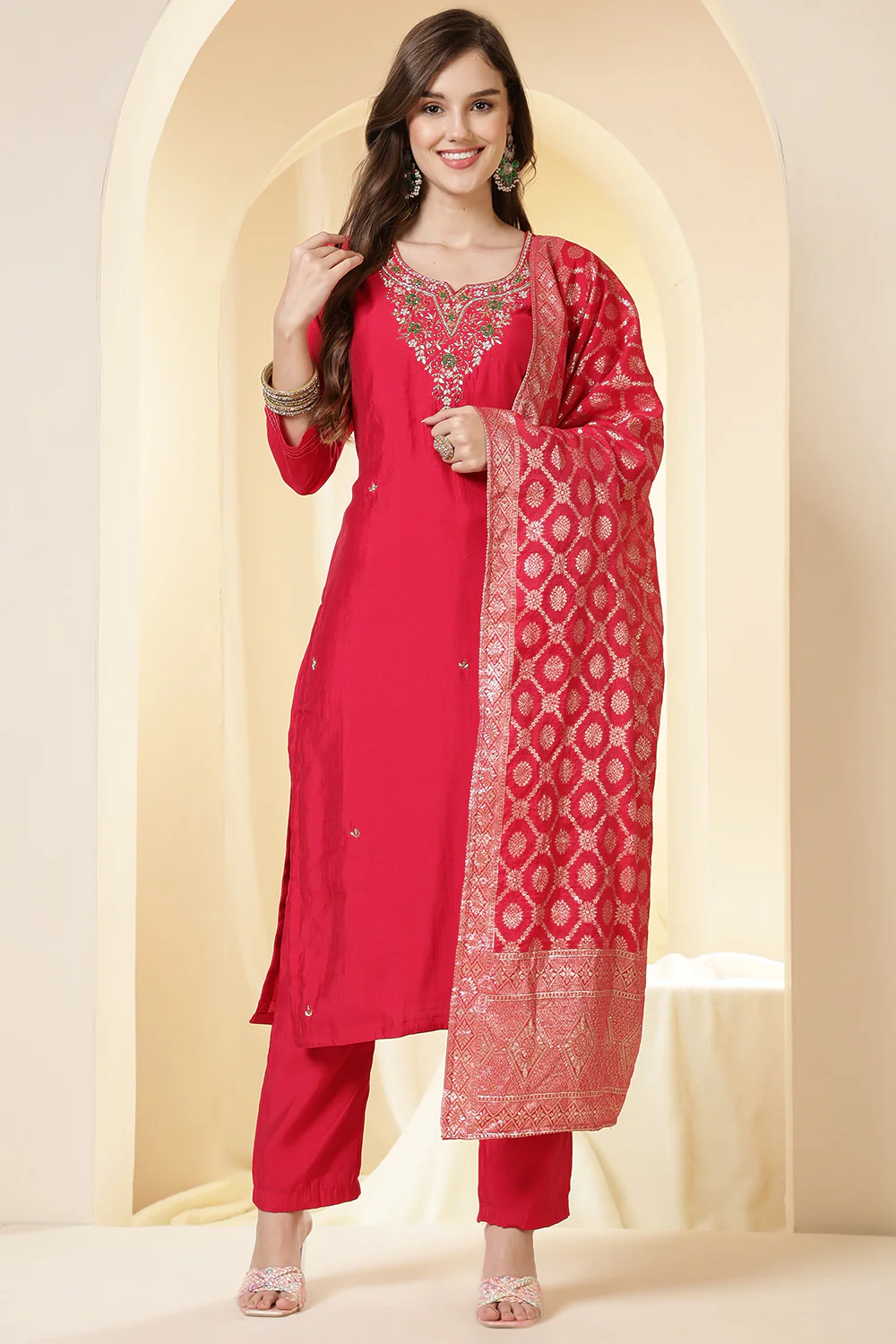 Fushia Pink Color Silk Neck Embroidered Suit Set - Image 7