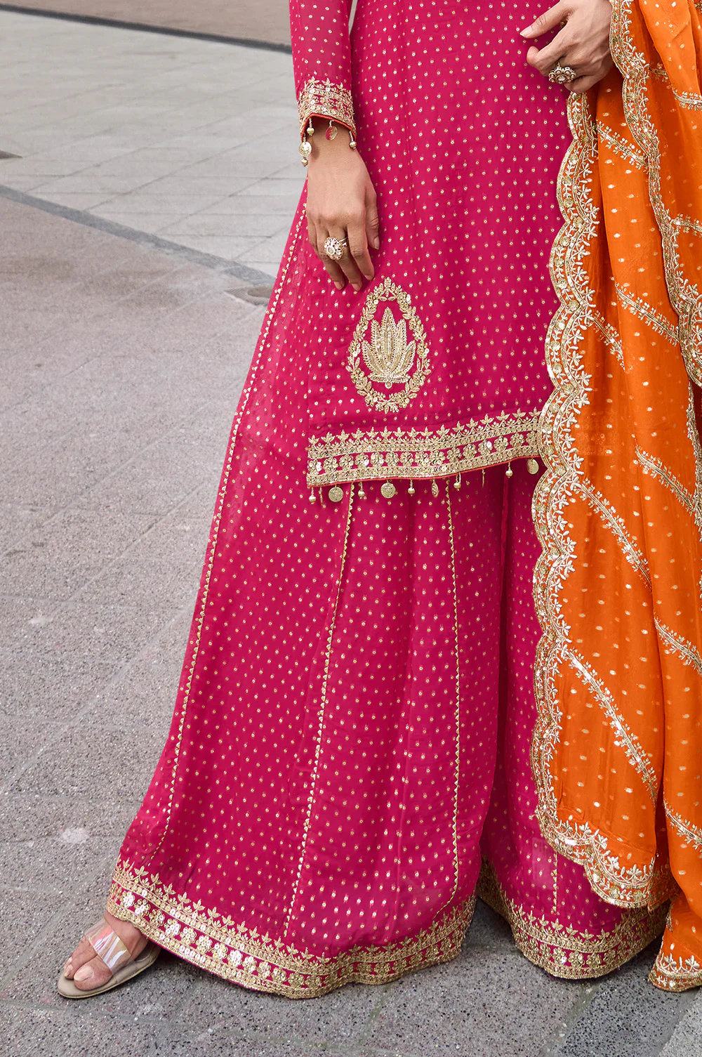 Fushia Pink Crepe Silk Embroidered Suit With Palazzo - Image 3