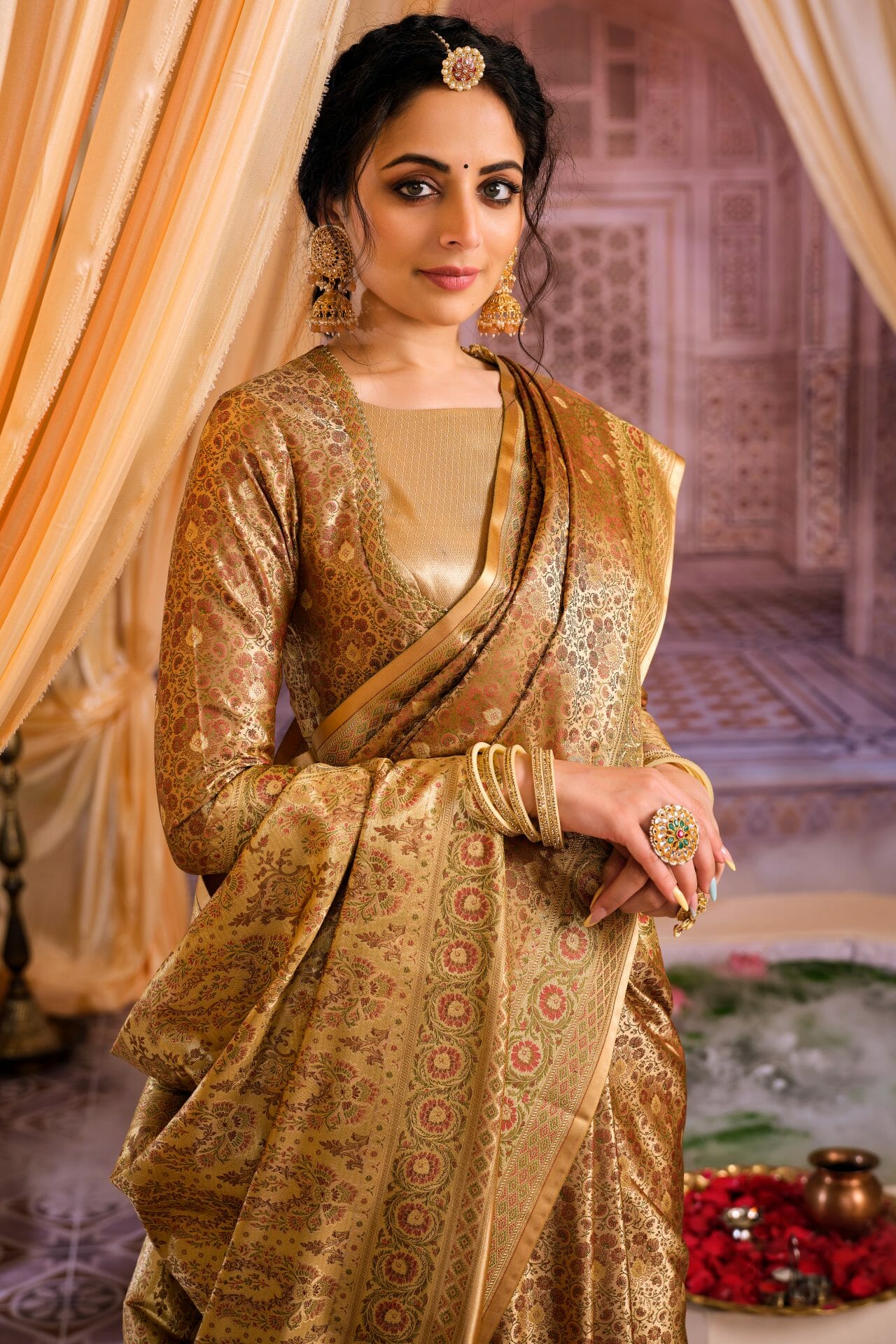 Gold Colour Banarasi Silk Saree - Image 3