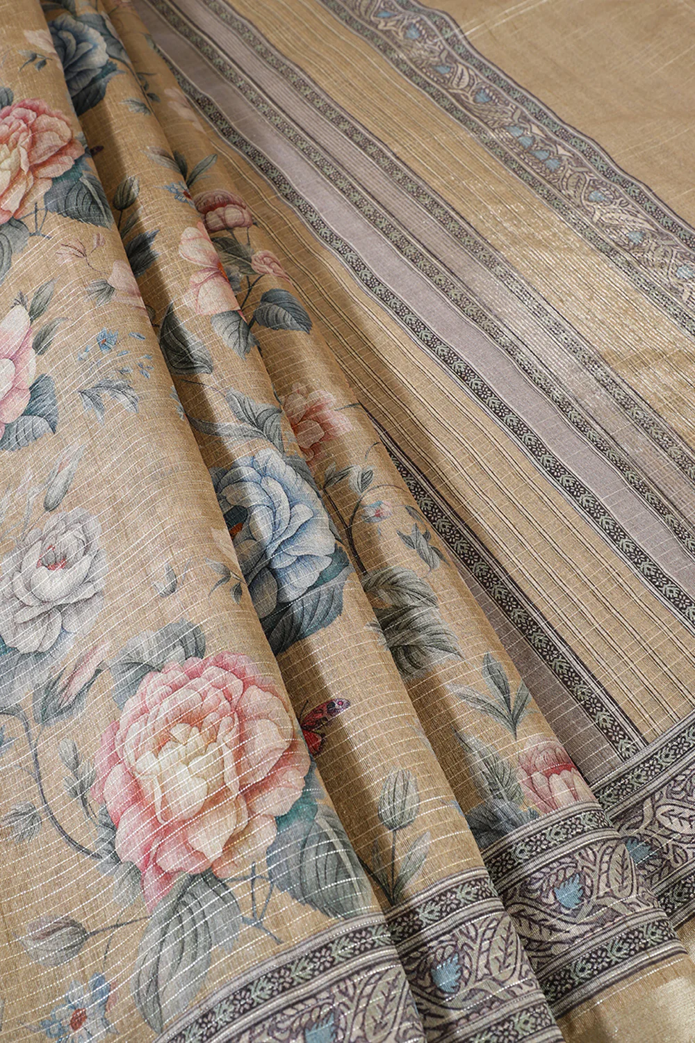 Gold Floral Printed Metallic Tissue Saree - Image 2