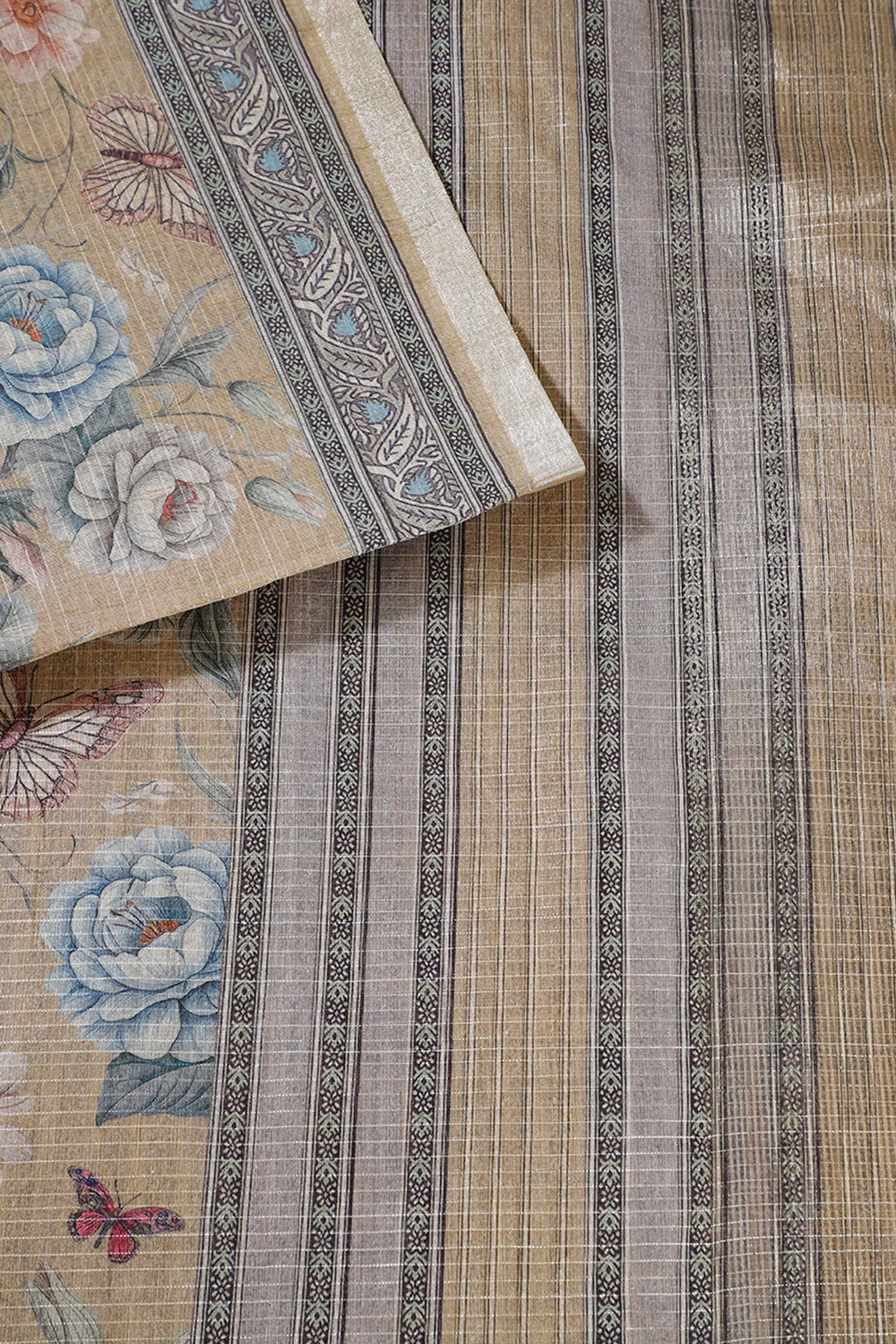 Gold Floral Printed Metallic Tissue Saree - Image 3