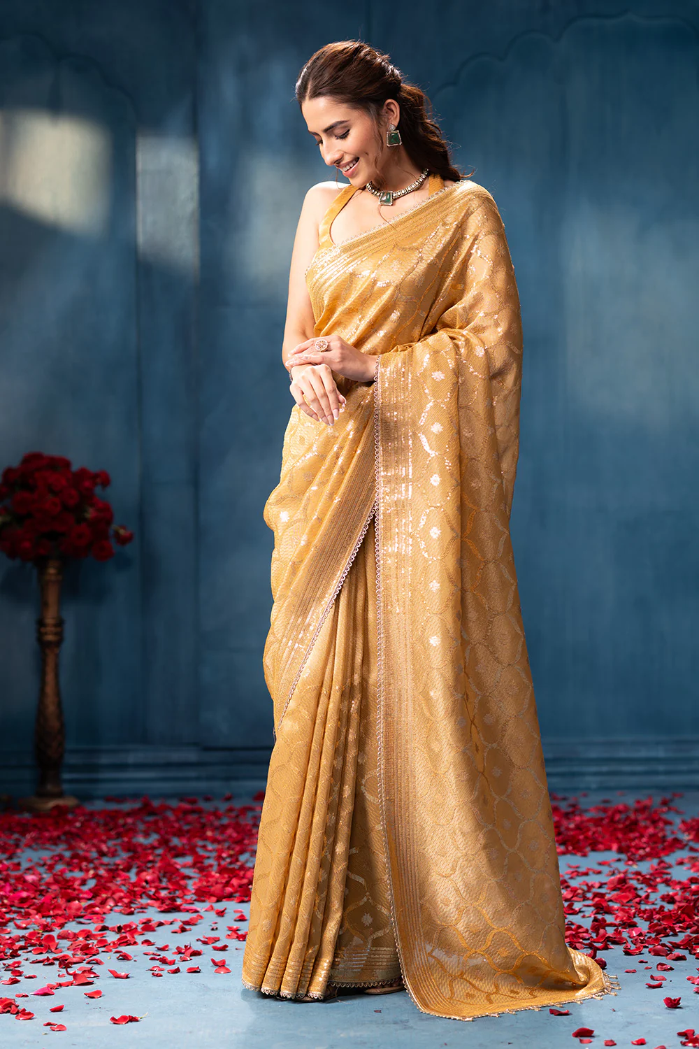 Golden Sequins and Resham Embroidered Metallic Tissue Saree - Image 2