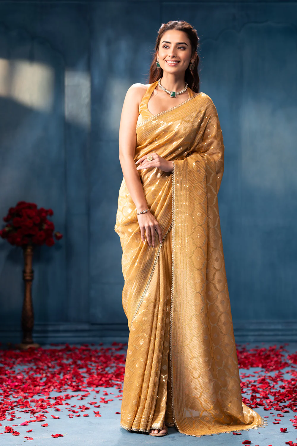 Golden Sequins and Resham Embroidered Metallic Tissue Saree - Image 3