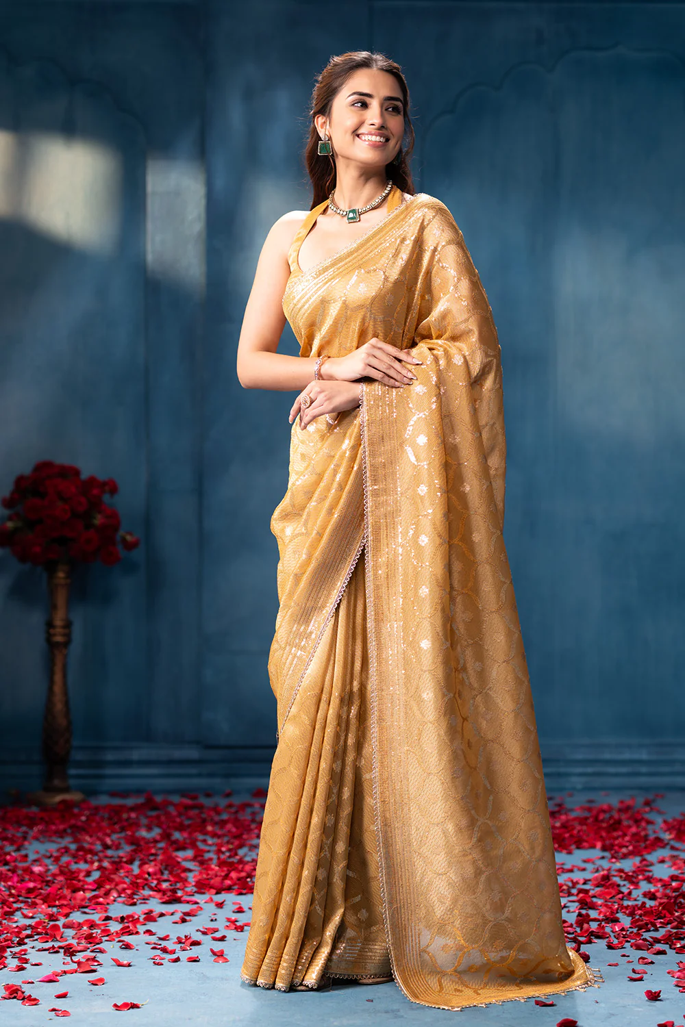 Golden Sequins and Resham Embroidered Metallic Tissue Saree - Image 4
