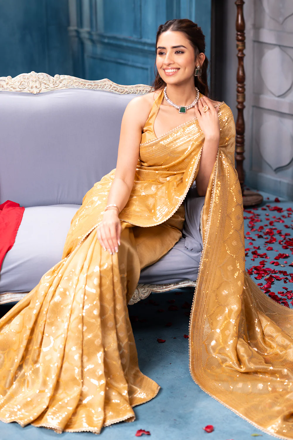 Golden Sequins and Resham Embroidered Metallic Tissue Saree - Image 6