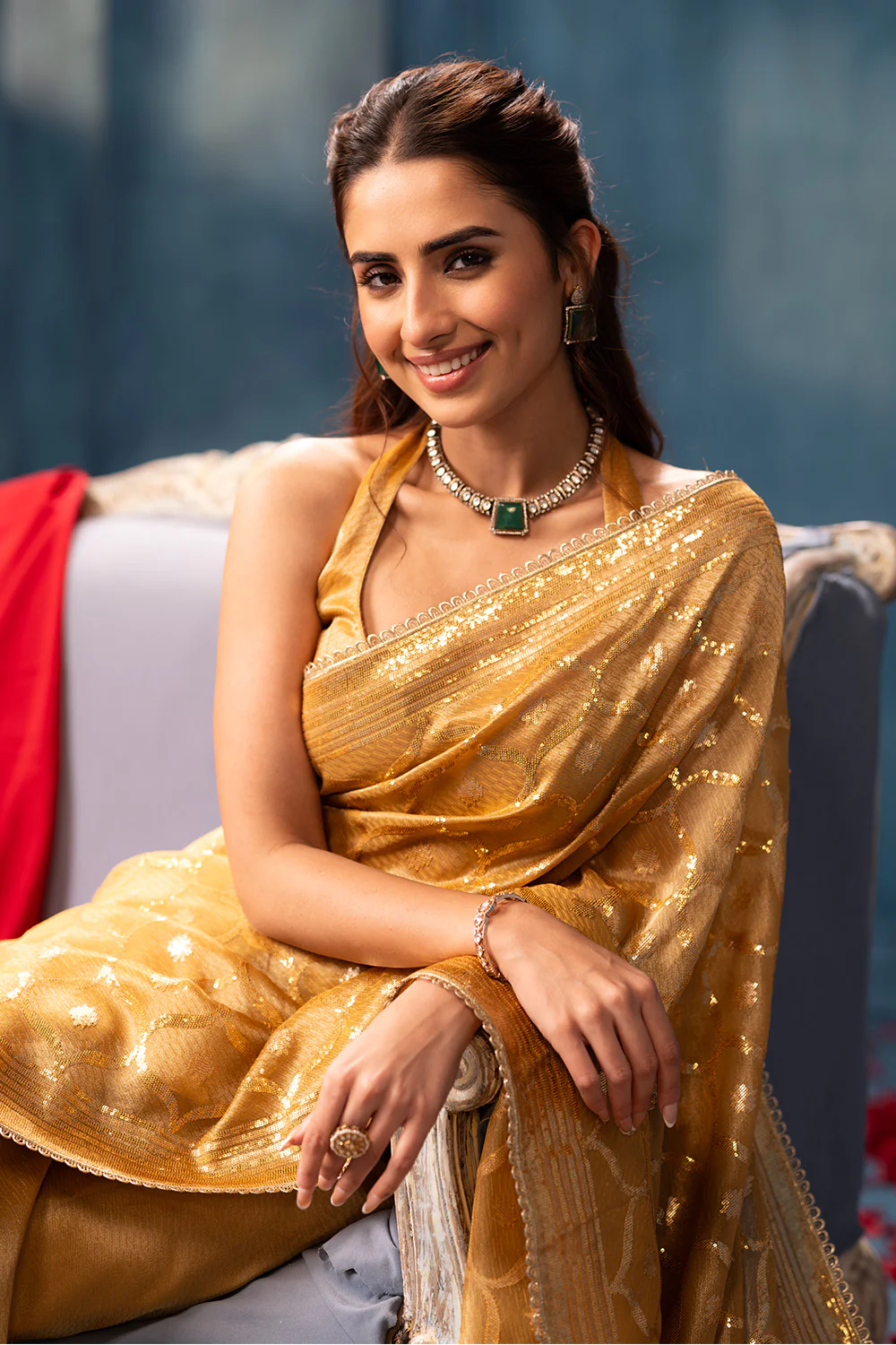 Golden Sequins and Resham Embroidered Metallic Tissue Saree - Image 8