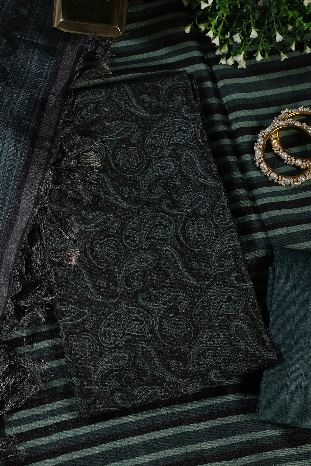 Green & Black Digital Printed Chanderi Cotton Unstiched Suit Material - Image 4