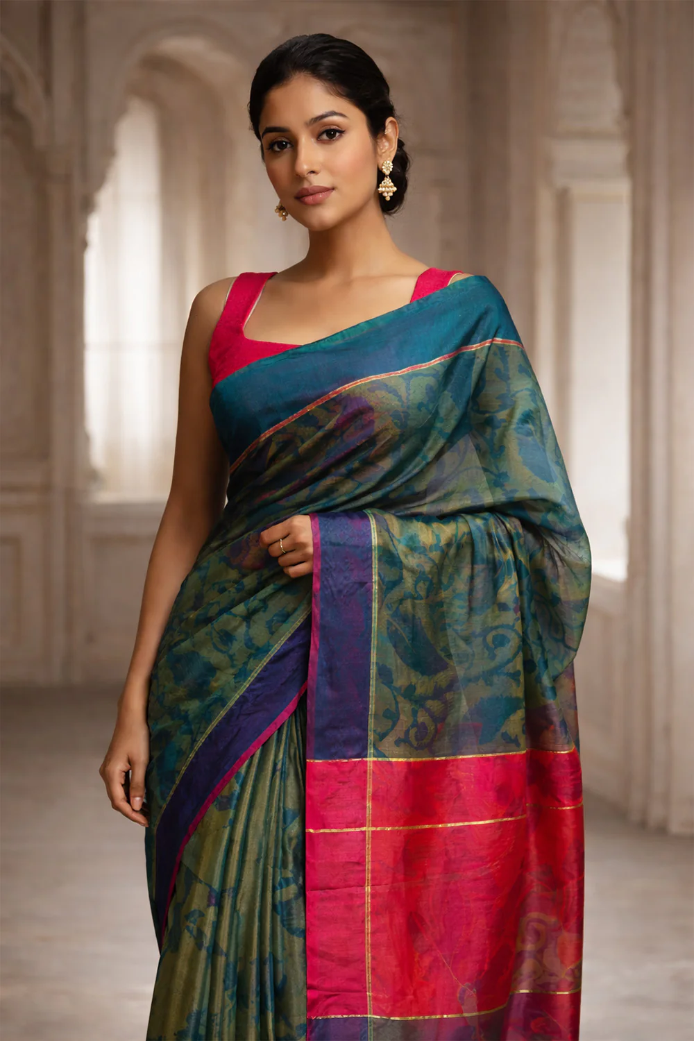 Green Chanderi Cotton Printes Saree - Image 4