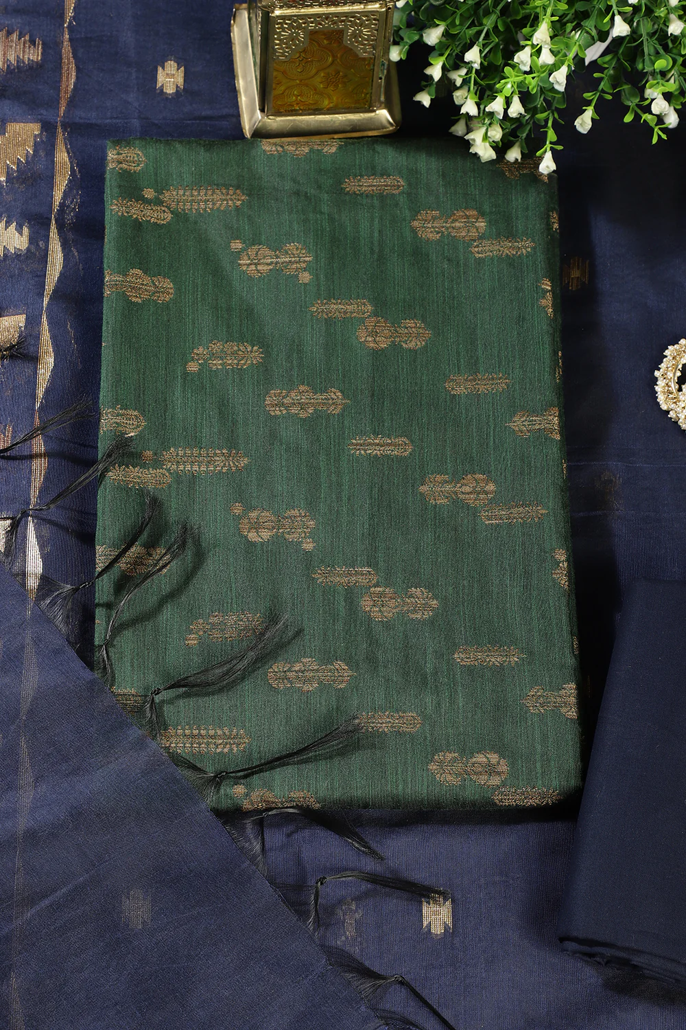 Green Chanderi Silk Woven Unstitched Suit - Image 3