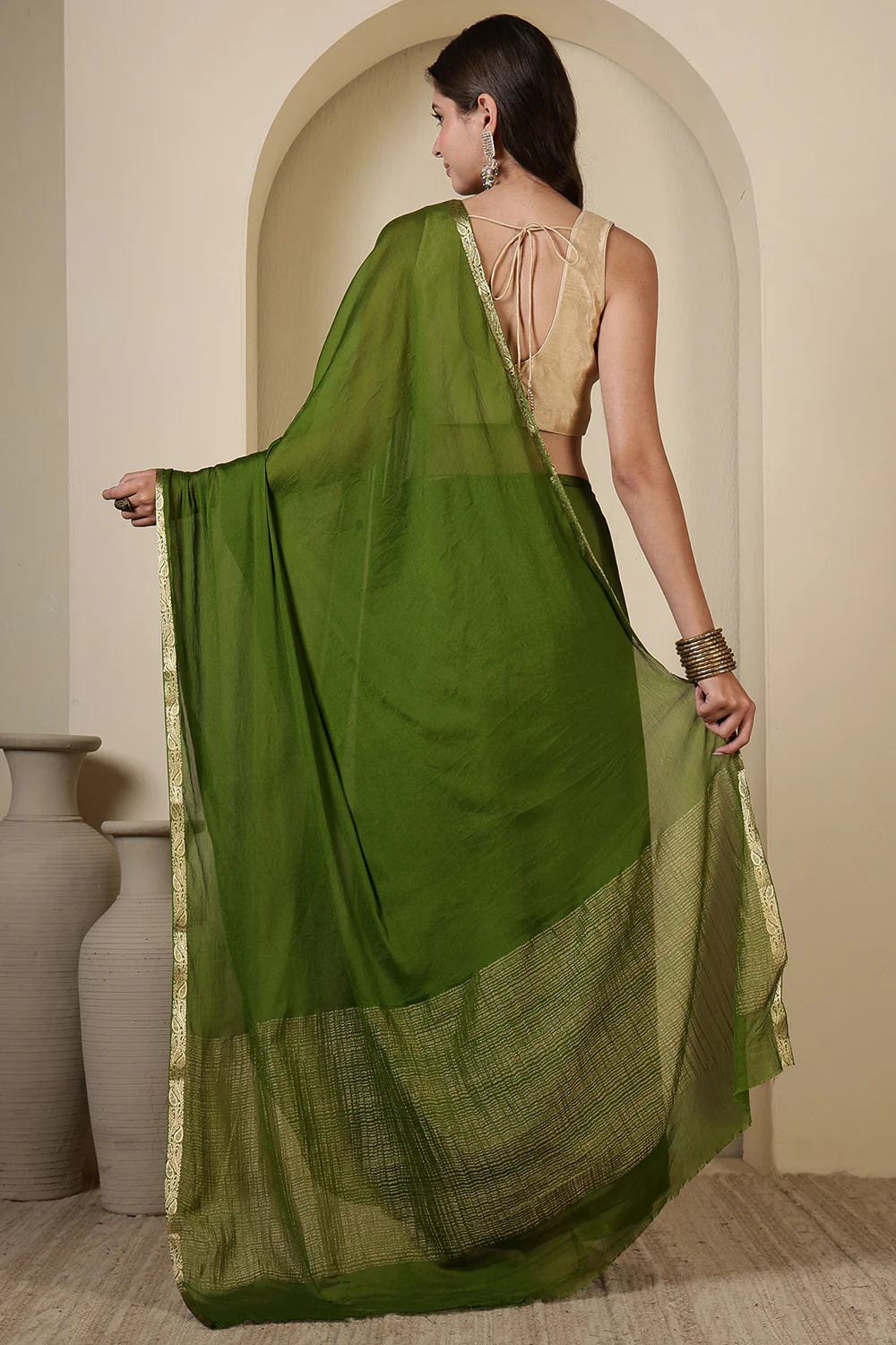 Green Chiffon Zari Border Saree - Image 2