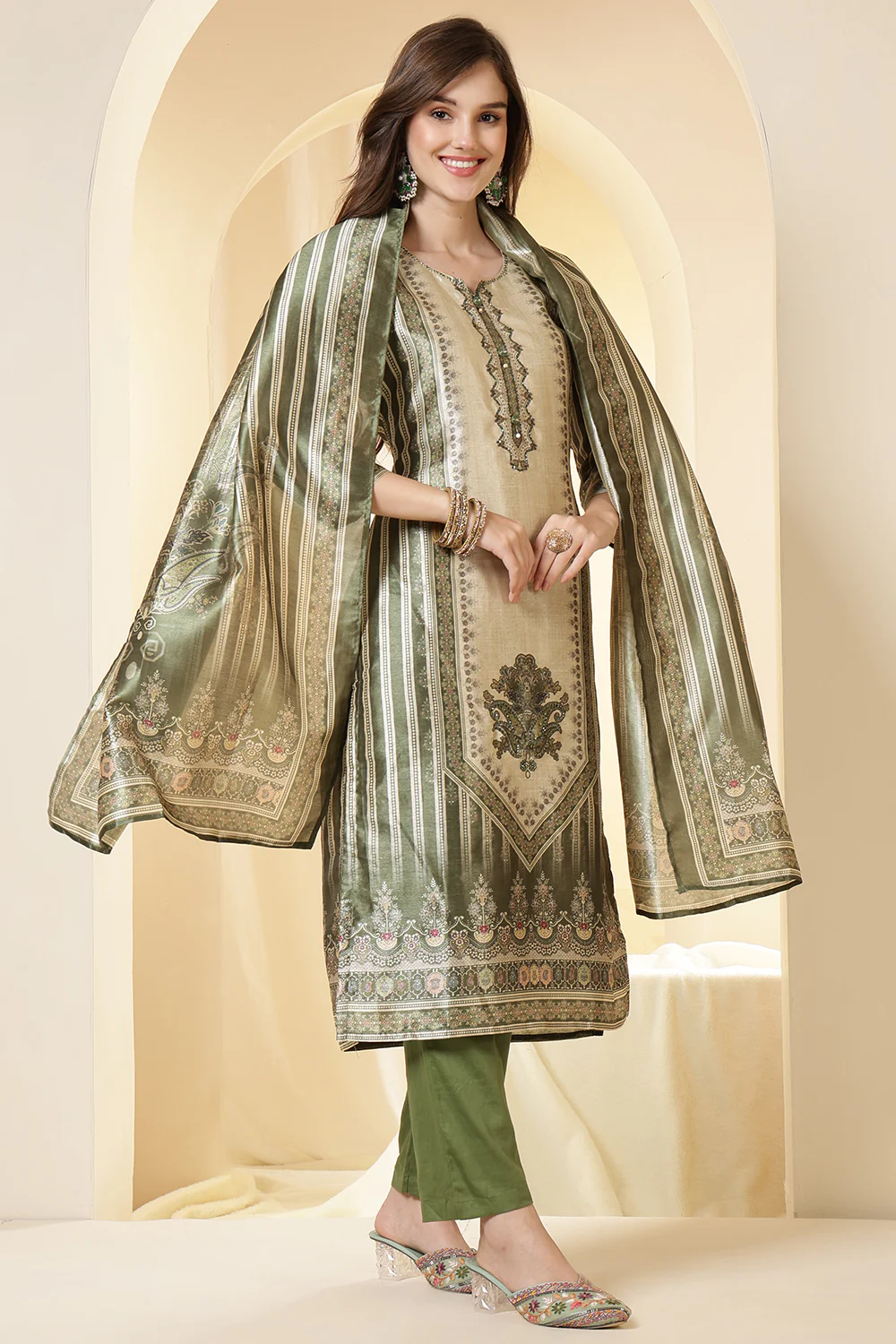 Green Color Chanderi Silk Printed Straight Suit - Image 2