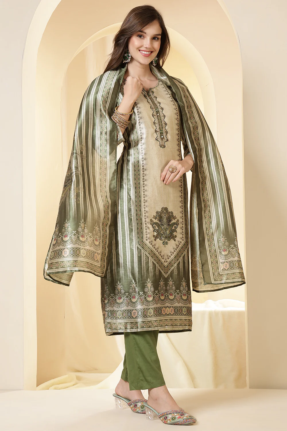 Green Color Chanderi Silk Printed Straight Suit - Image 5