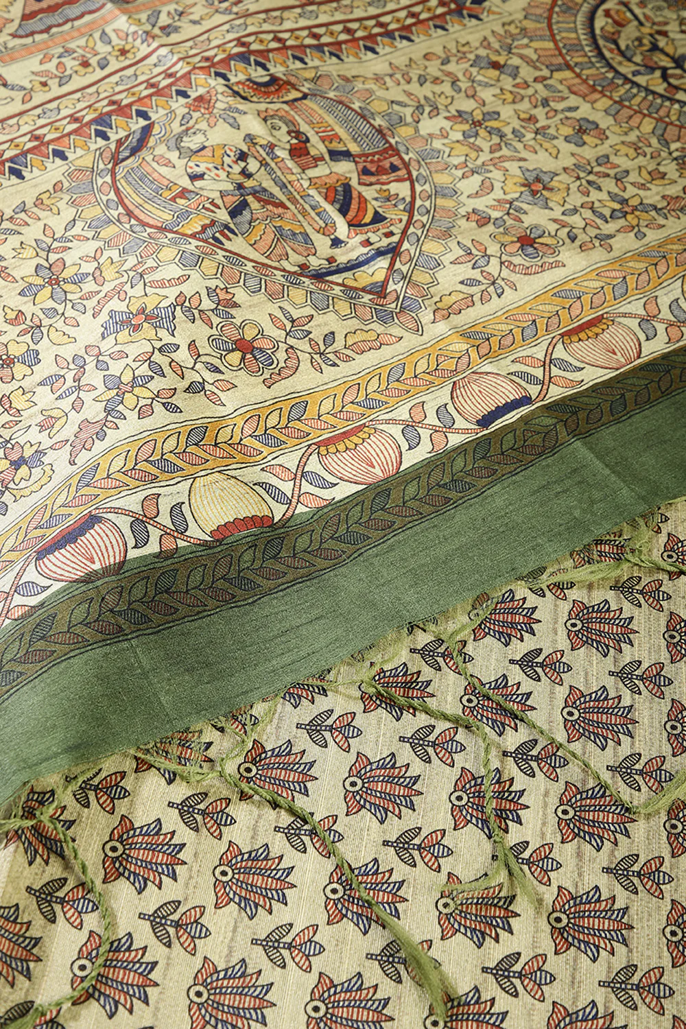 Green Color Cotton Silk Madhubani Print Saree - Image 3