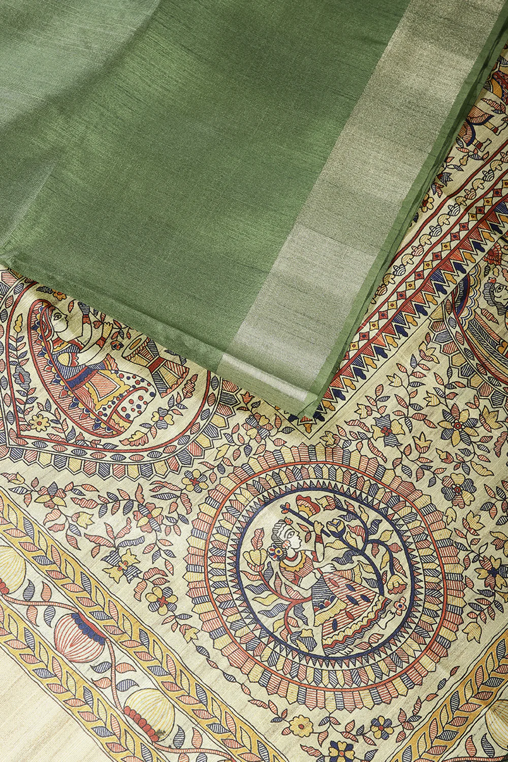 Green Color Cotton Silk Madhubani Print Saree - Image 5