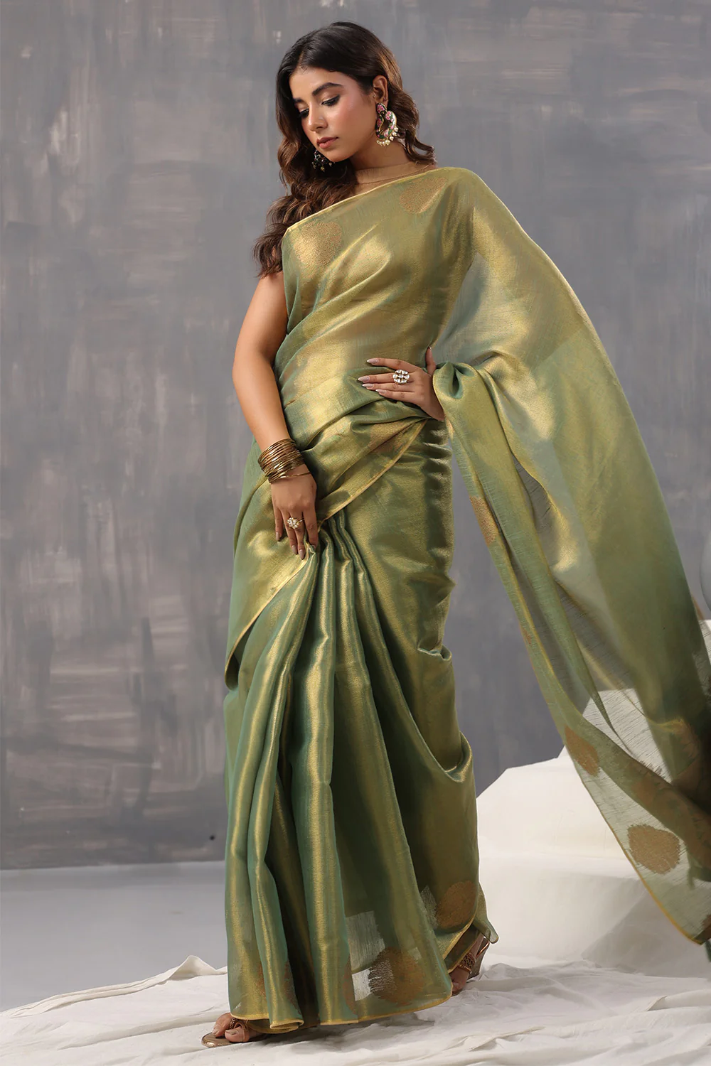 Green Color Organza Cotton Golden Zari Woven Saree - Image 10