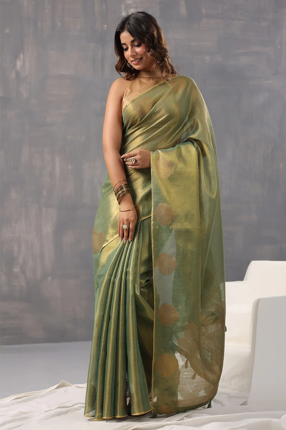 Green Color Organza Cotton Golden Zari Woven Saree - Image 12