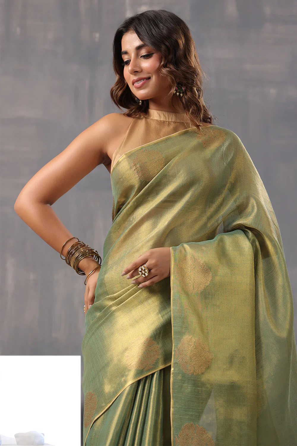 Green Color Organza Cotton Golden Zari Woven Saree - Image 13