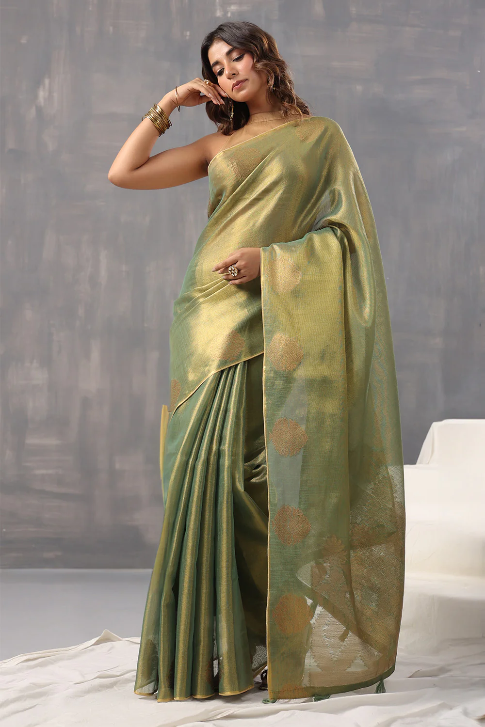 Green Color Organza Cotton Golden Zari Woven Saree - Image 14