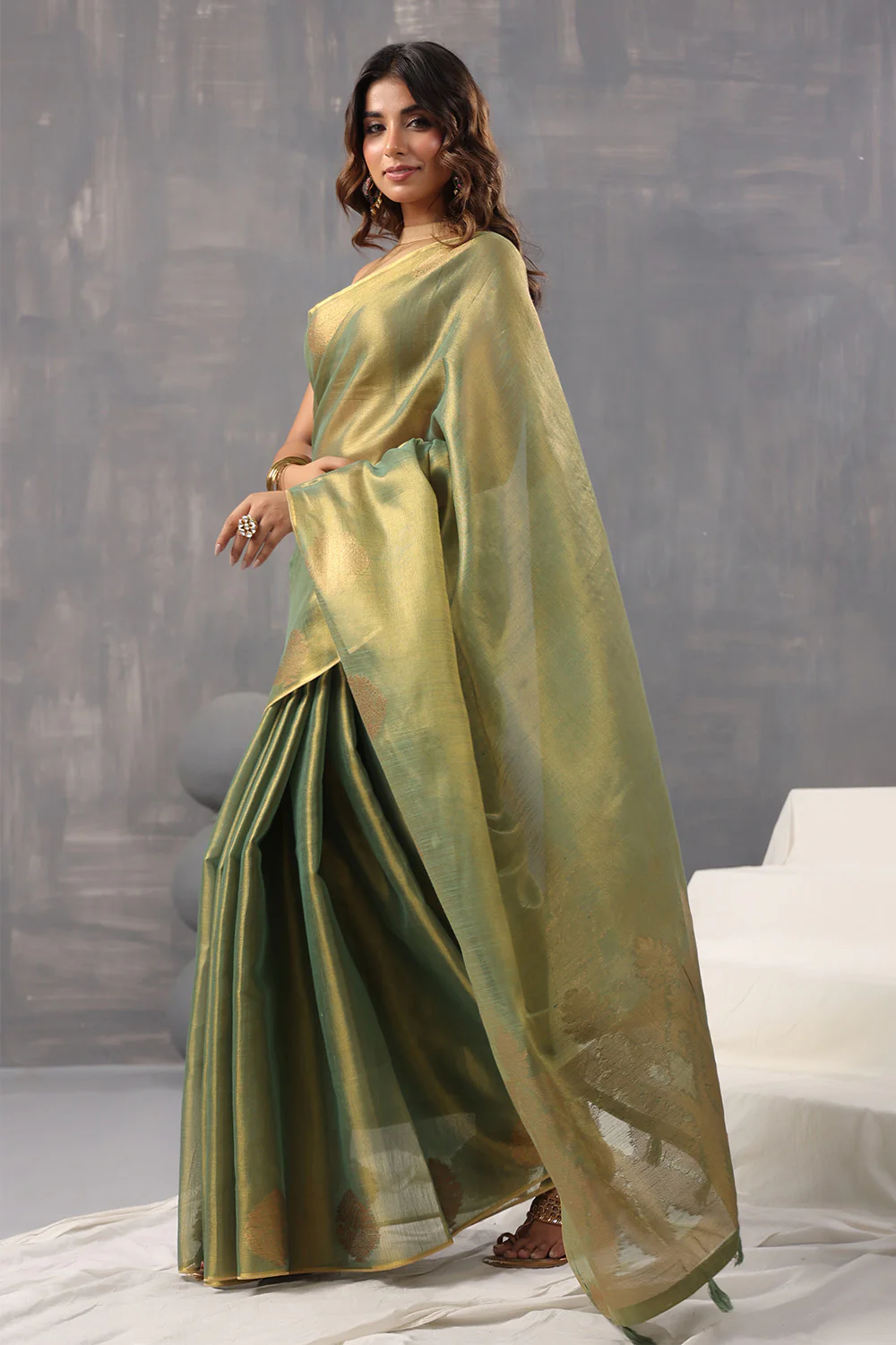 Green Color Organza Cotton Golden Zari Woven Saree - Image 15