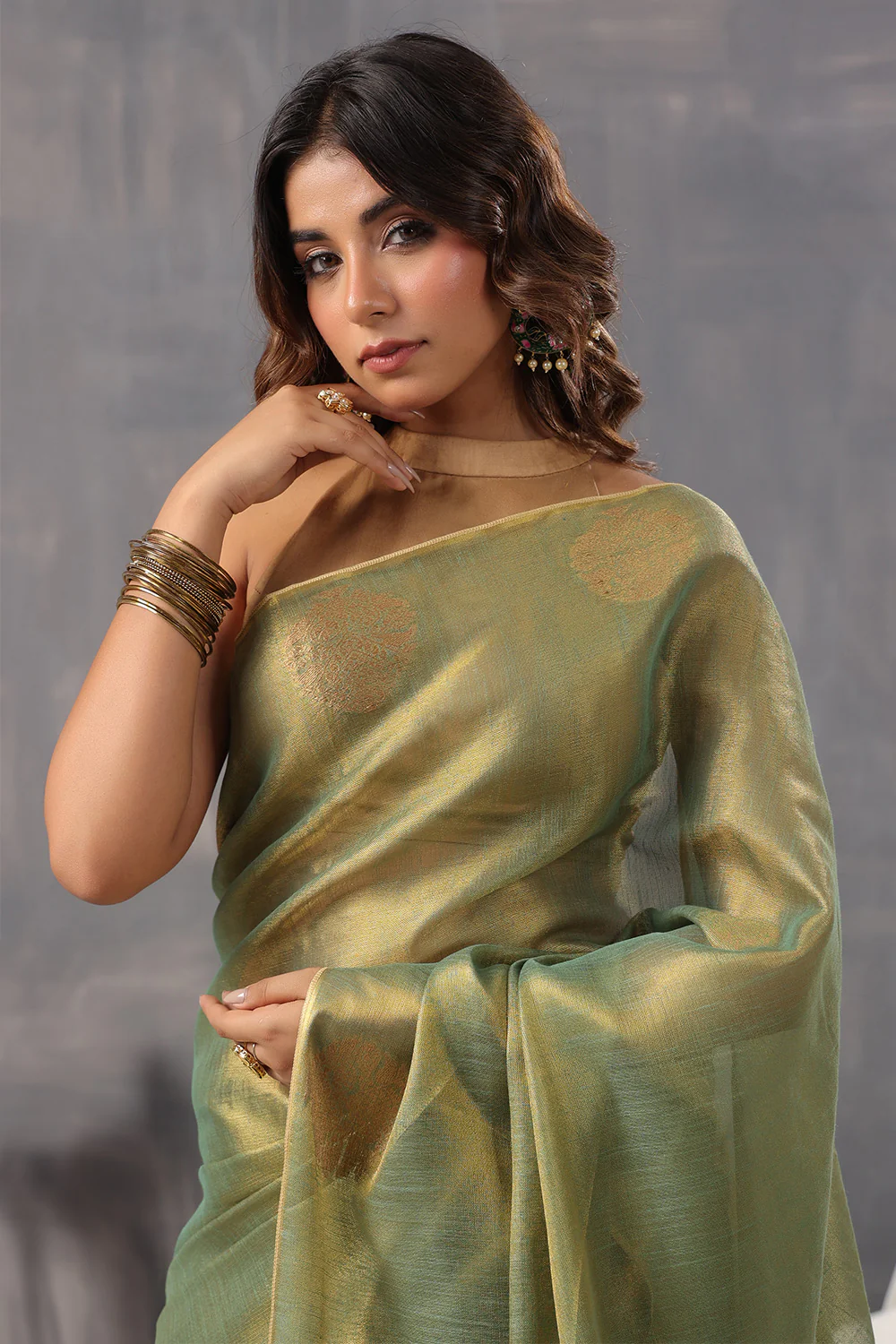 Green Color Organza Cotton Golden Zari Woven Saree - Image 4
