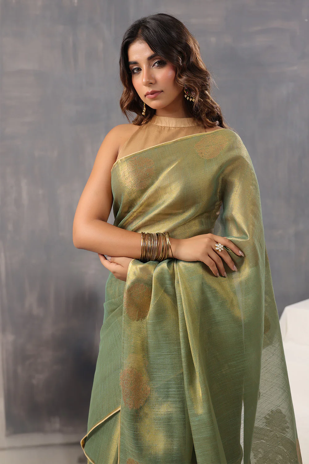 Green Color Organza Cotton Golden Zari Woven Saree - Image 5