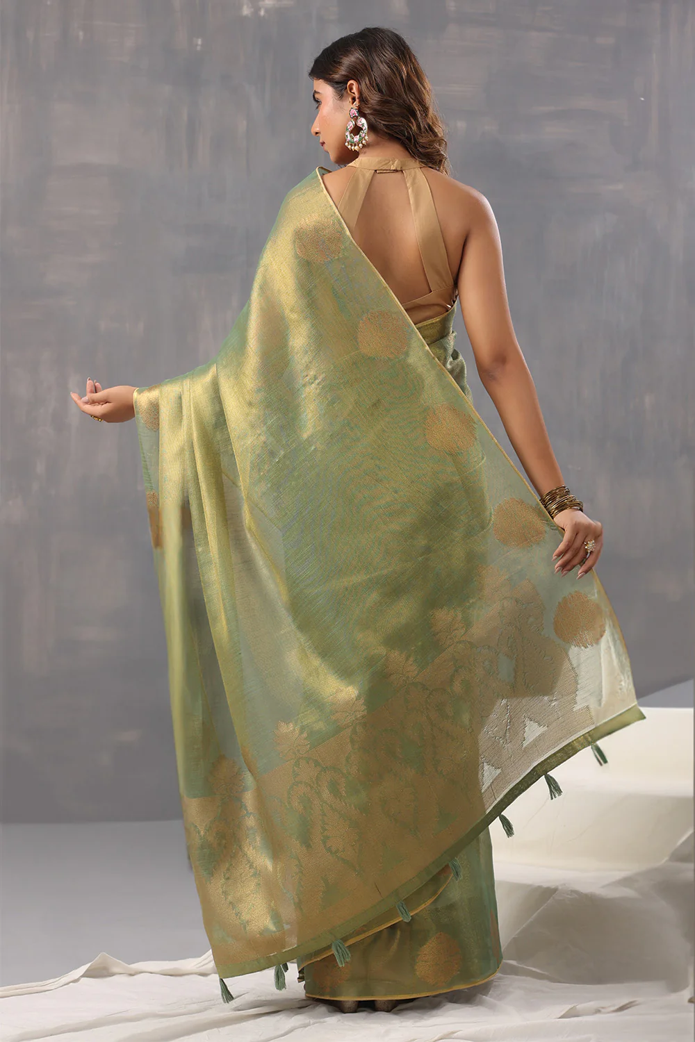 Green Color Organza Cotton Golden Zari Woven Saree - Image 7