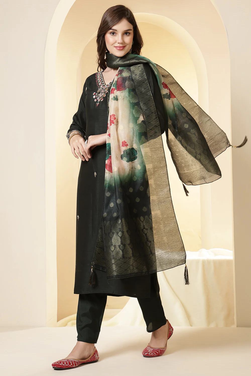 Green Color Silk Suit Set With Neck Embroidered & Floral Printed Dupatta - Image 2