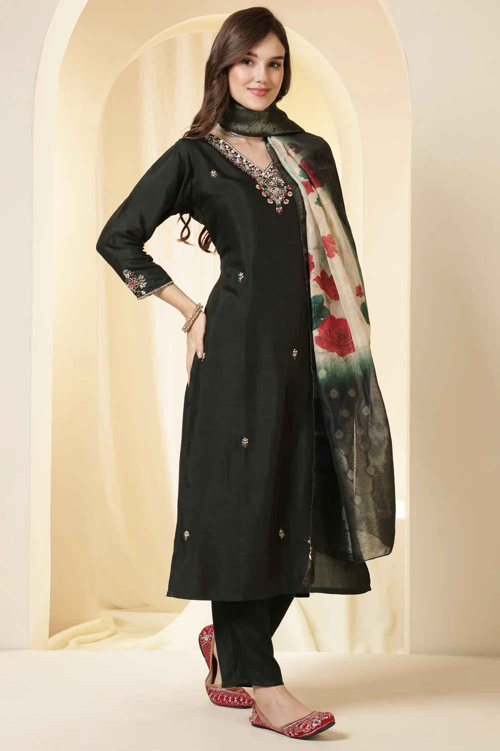Green Color Silk Suit Set With Neck Embroidered & Floral Printed Dupatta - Image 3
