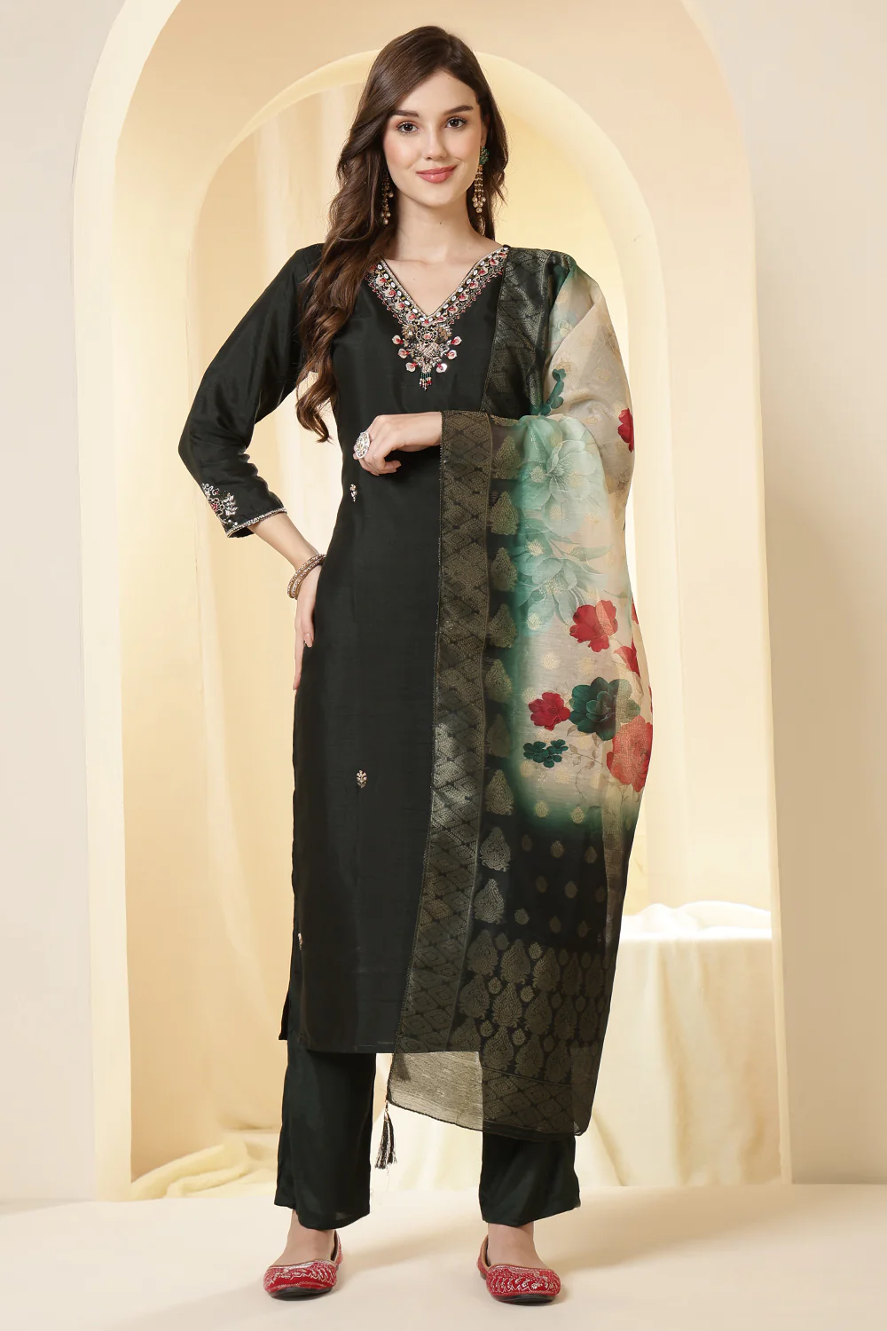 Green Color Silk Suit Set With Neck Embroidered & Floral Printed Dupatta - Image 4