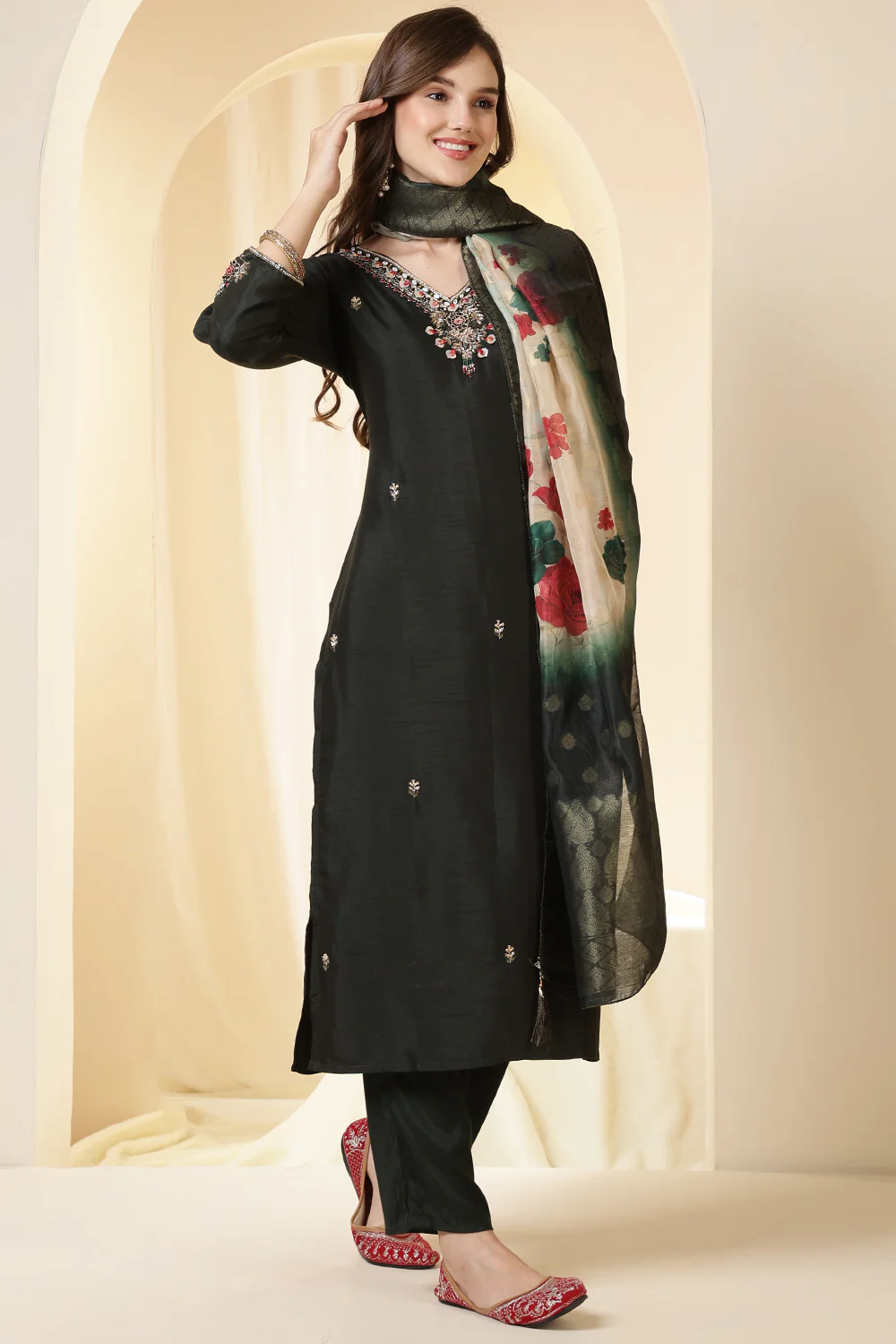 Green Color Silk Suit Set With Neck Embroidered & Floral Printed Dupatta - Image 5