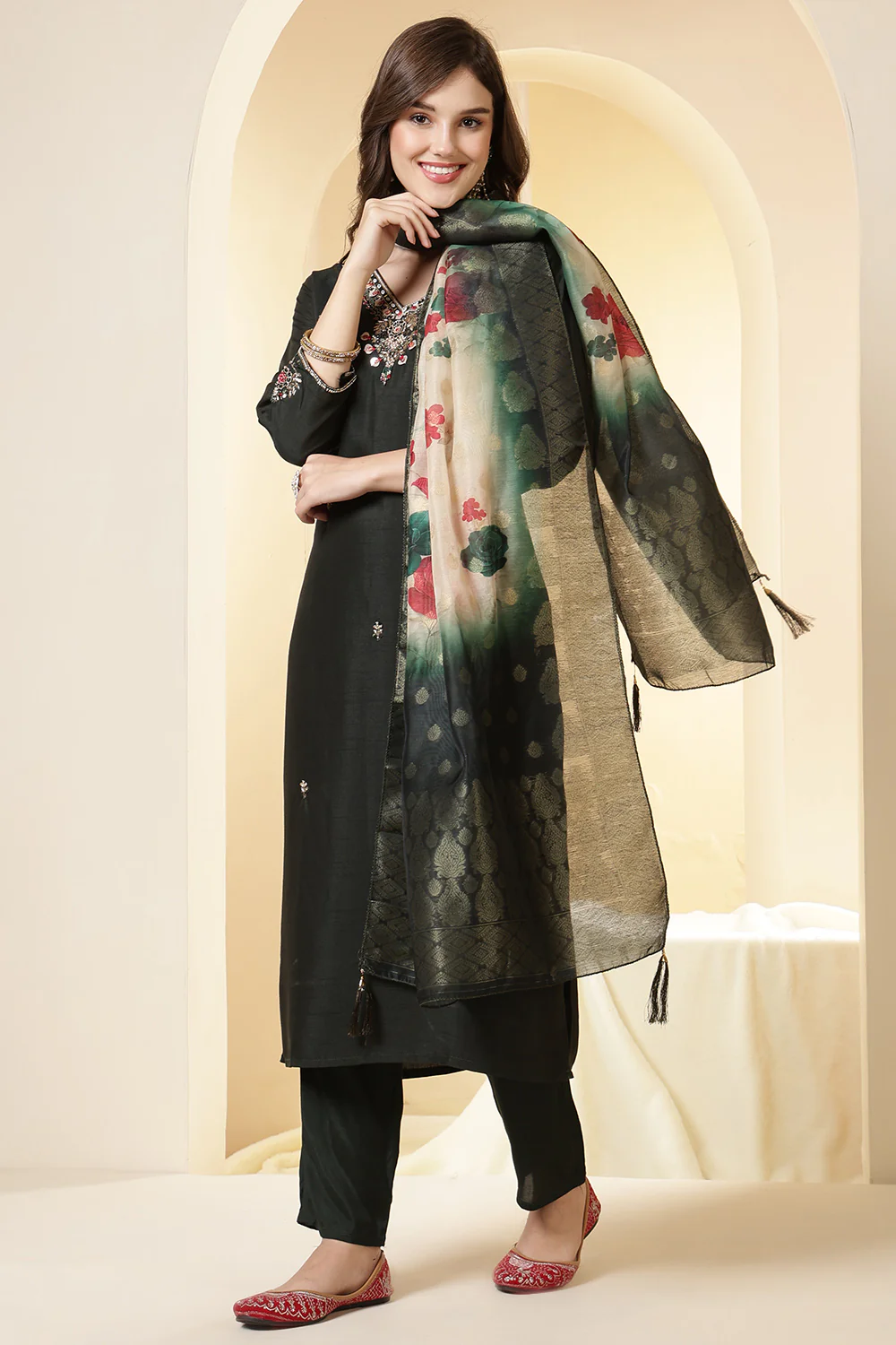 Green Color Silk Suit Set With Neck Embroidered & Floral Printed Dupatta - Image 6
