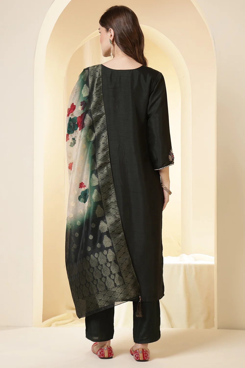 Green Color Silk Suit Set With Neck Embroidered & Floral Printed Dupatta - Image 7