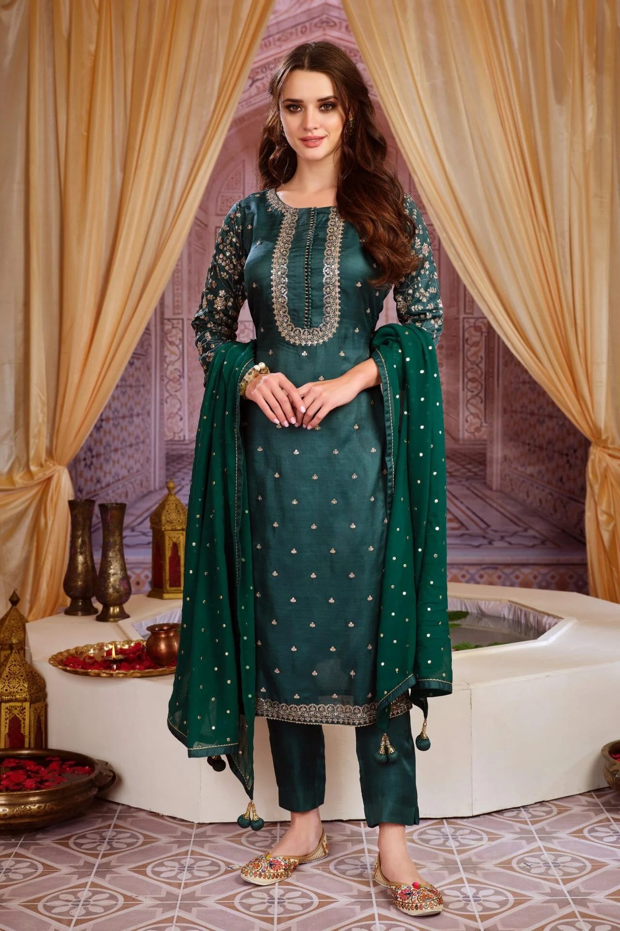 Green Colour Silk Suit Material - Image 3